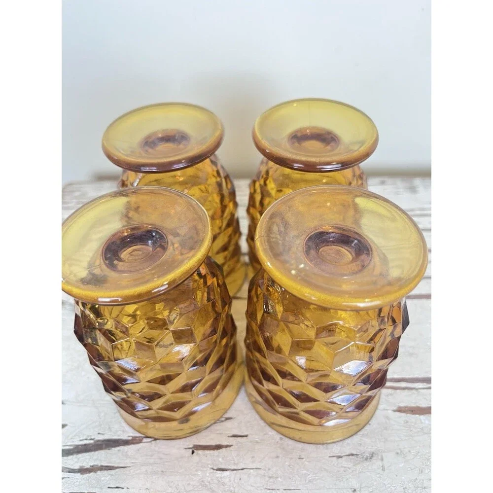 Vintage Indiana Whitehall Amber Footed Cubist 4” Tumblers Glasses (Set Of 4)